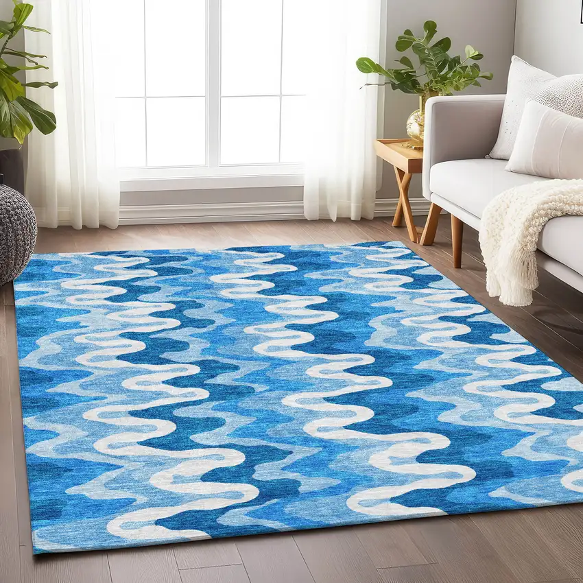 Sky Blue And Ivory Abstract Washable Area Rug With UV Protection Photo 5