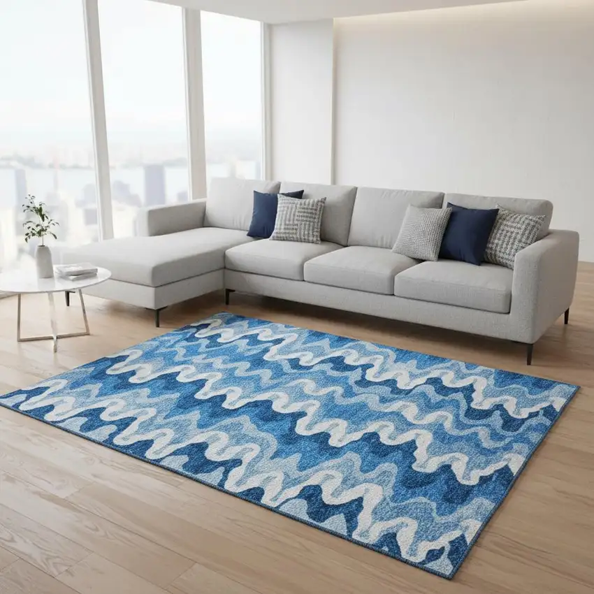 Sky Blue And Ivory Abstract Washable Area Rug With UV Protection Photo 2