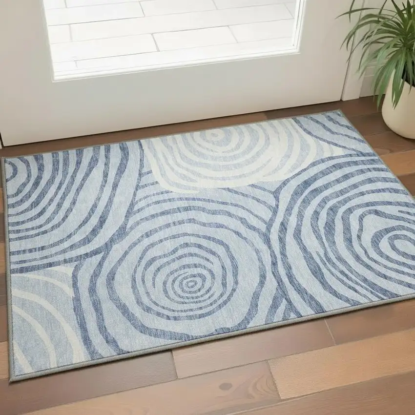 Sky Blue And Ivory Abstract Washable Area Rug With UV Protection Photo 2