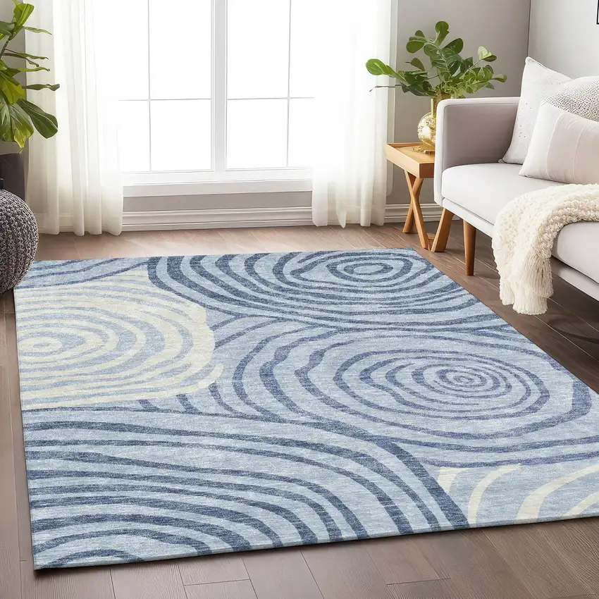 Sky Blue And Ivory Abstract Washable Area Rug With UV Protection Photo 4