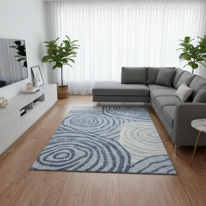 Sky Blue And Ivory Abstract Washable Area Rug With UV Protection Photo 2