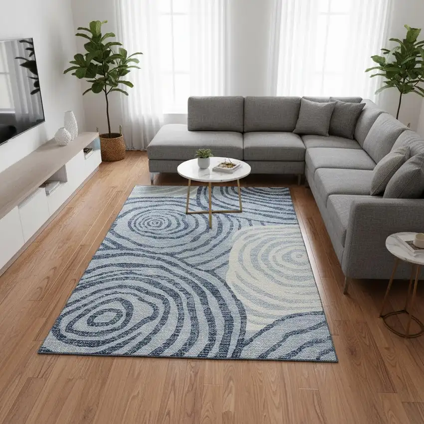 Sky Blue And Ivory Abstract Washable Area Rug With UV Protection Photo 2