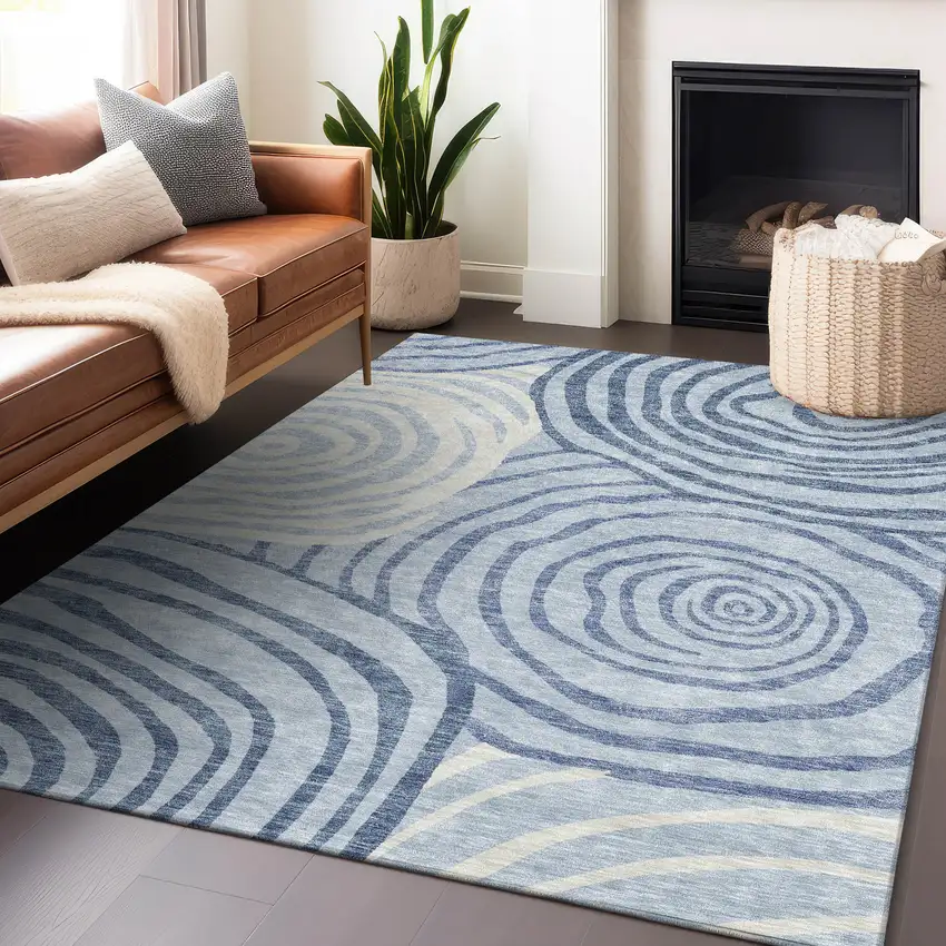 Sky Blue And Ivory Abstract Washable Area Rug With UV Protection Photo 6