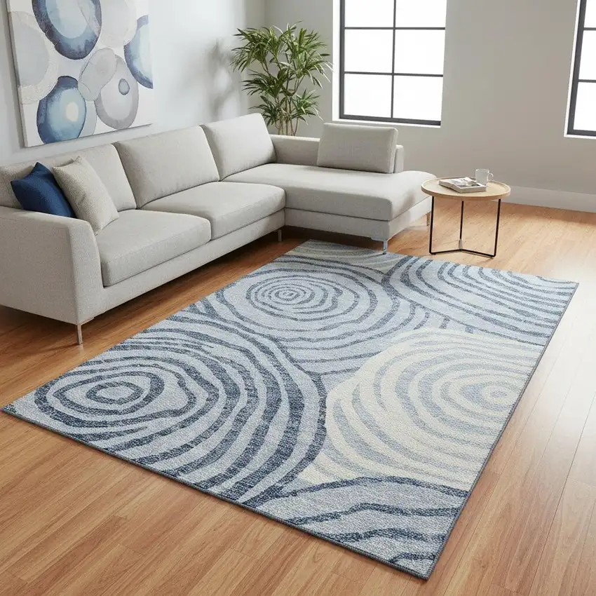 Sky Blue And Ivory Abstract Washable Area Rug With UV Protection Photo 2
