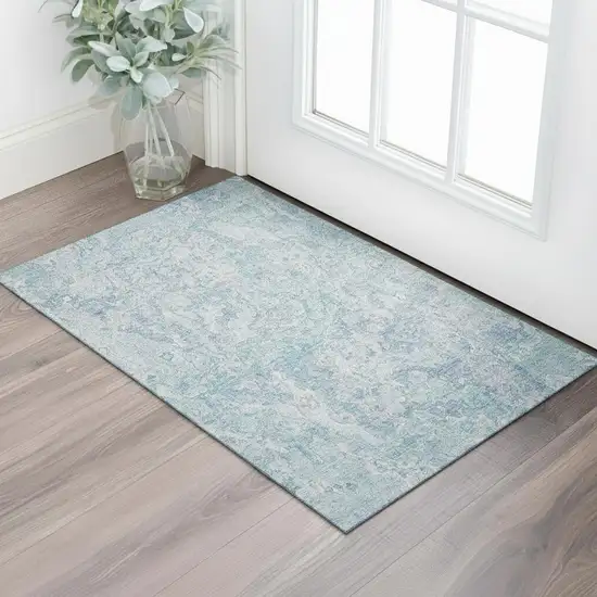 Sky Blue And Ivory Abstract Washable Area Rug With UV Protection Photo 1