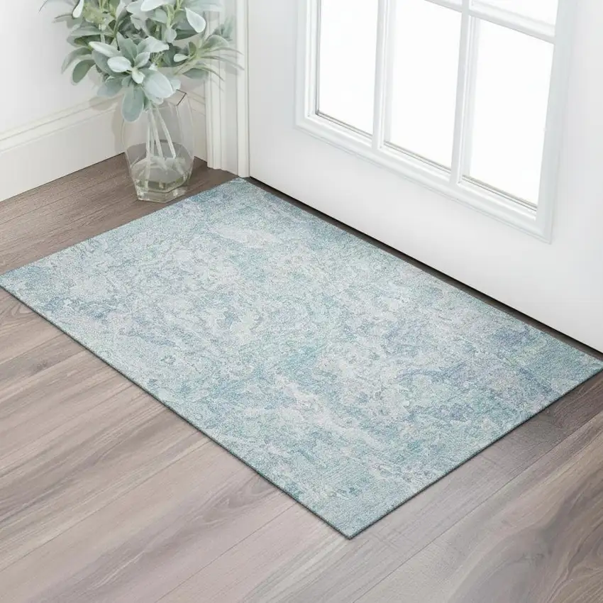 Sky Blue And Ivory Abstract Washable Area Rug With UV Protection Photo 1