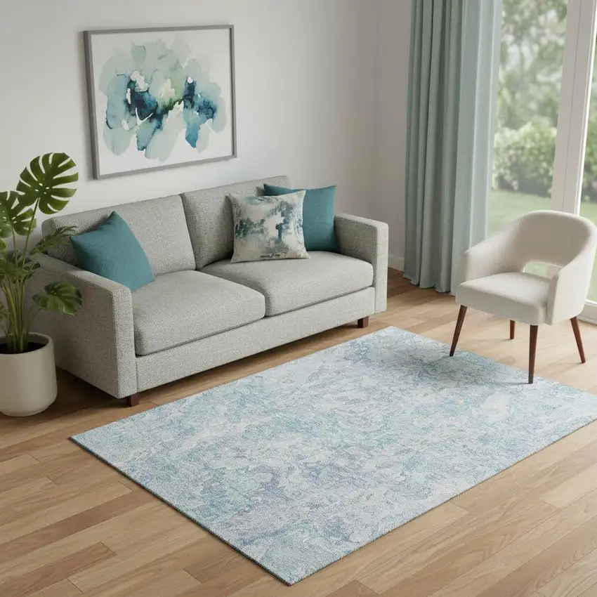 Sky Blue And Ivory Abstract Washable Area Rug With UV Protection Photo 1