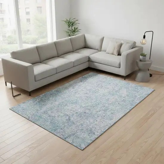 Sky Blue And Ivory Abstract Washable Area Rug With UV Protection Photo 2