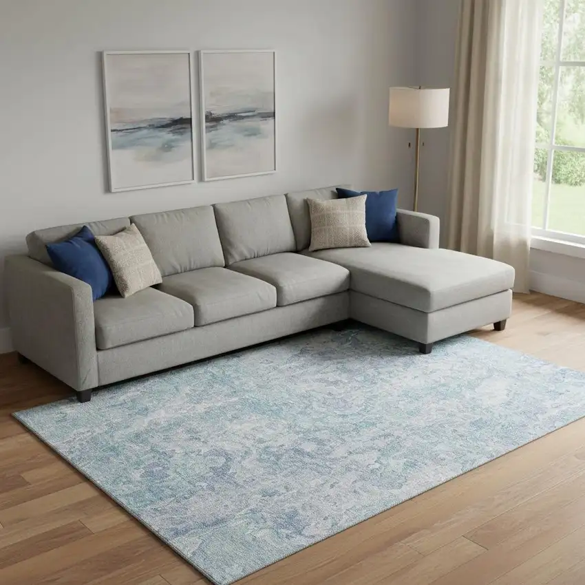 Sky Blue And Ivory Abstract Washable Area Rug With UV Protection Photo 1