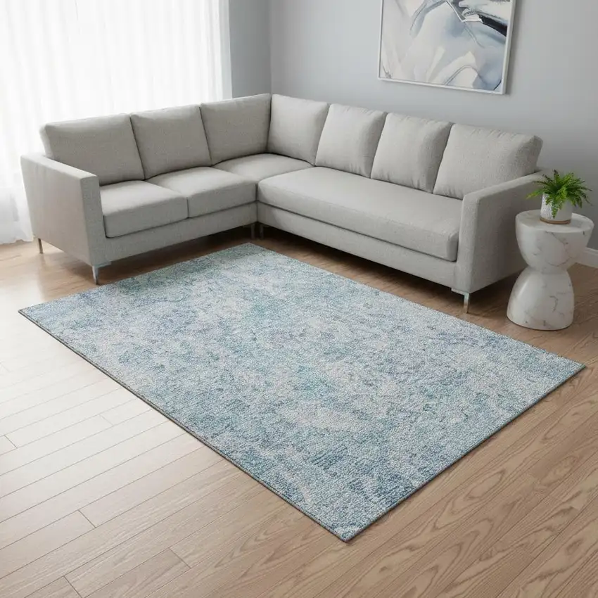 Sky Blue And Ivory Abstract Washable Area Rug With UV Protection Photo 2