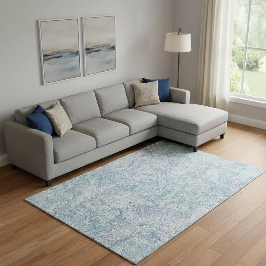 Sky Blue And Ivory Abstract Washable Area Rug With UV Protection Photo 1