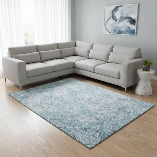 Sky Blue And Ivory Abstract Washable Area Rug With UV Protection Photo 2