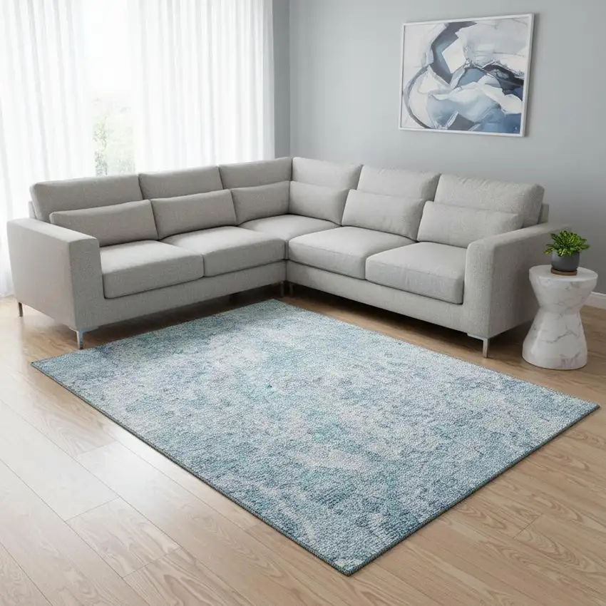 Sky Blue And Ivory Abstract Washable Area Rug With UV Protection Photo 2