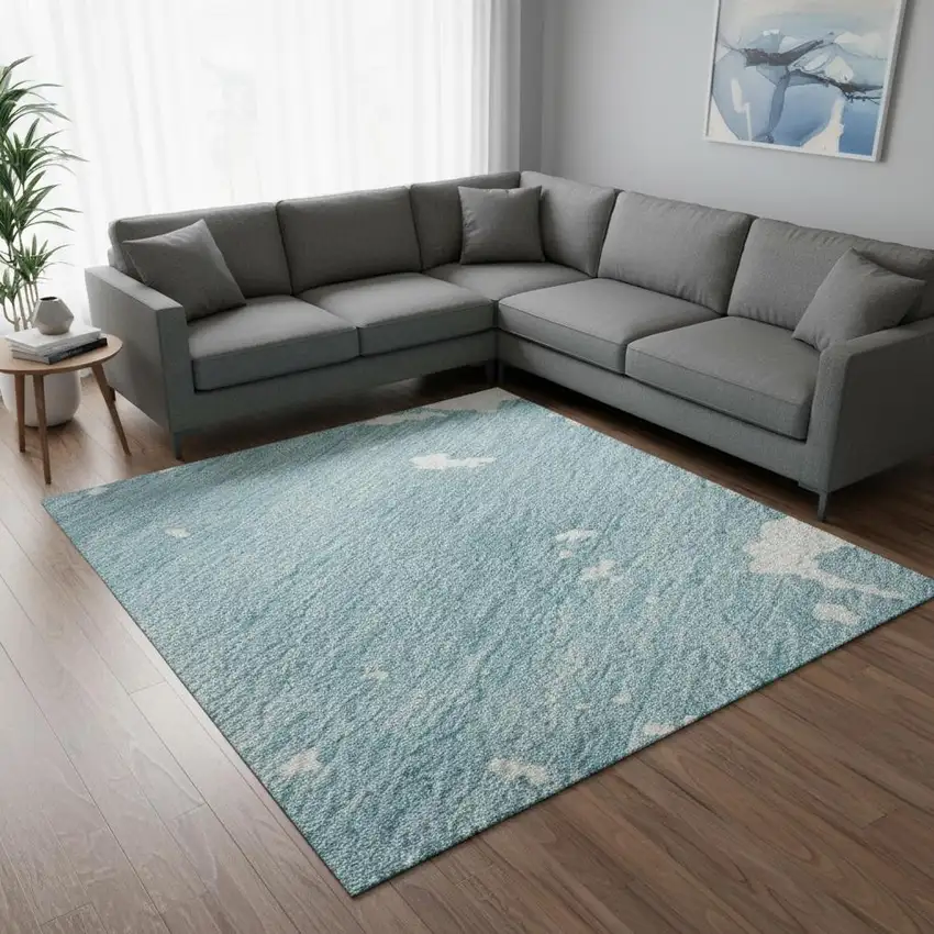 Sky Blue And Ivory Abstract Washable Area Rug With UV Protection Photo 2