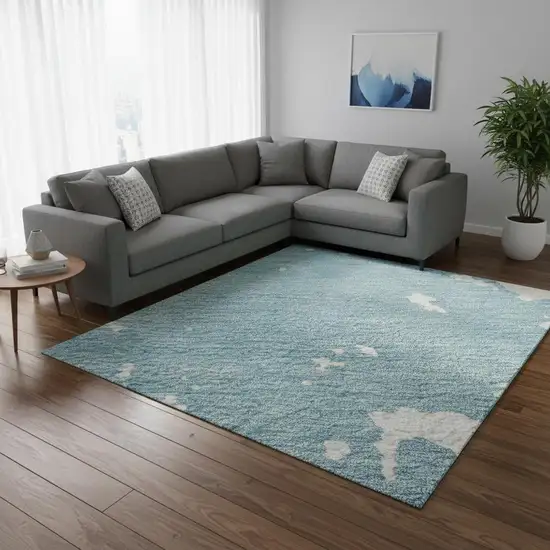 Sky Blue And Ivory Abstract Washable Area Rug With UV Protection Photo 2