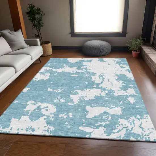 Sky Blue And Ivory Abstract Washable Area Rug With UV Protection Photo 6