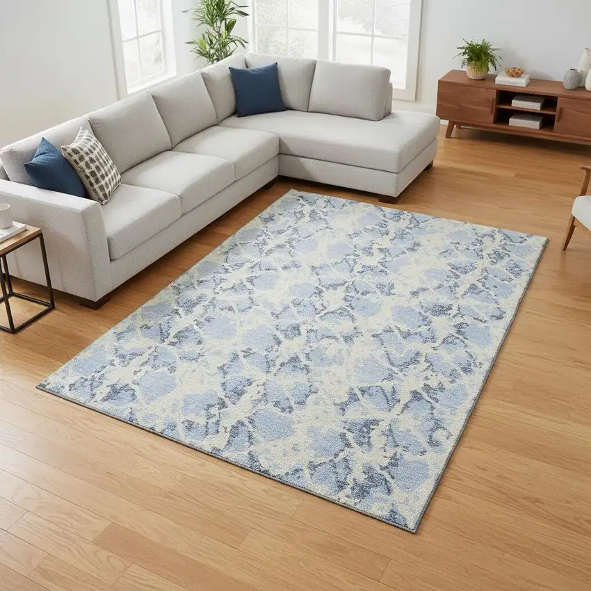 Sky Blue And Ivory Abstract Washable Area Rug With UV Protection Photo 2