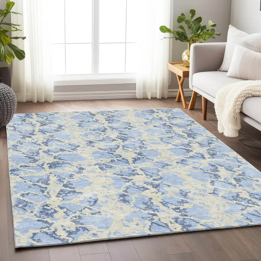 Sky Blue And Ivory Abstract Washable Area Rug With UV Protection Photo 4