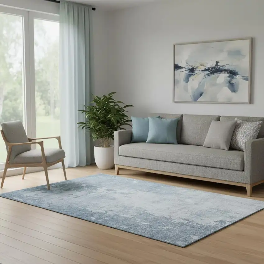 Sky Blue And Ivory Abstract Washable Area Rug With UV Protection Photo 2