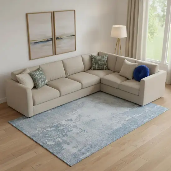Sky Blue And Ivory Abstract Washable Area Rug With UV Protection Photo 2