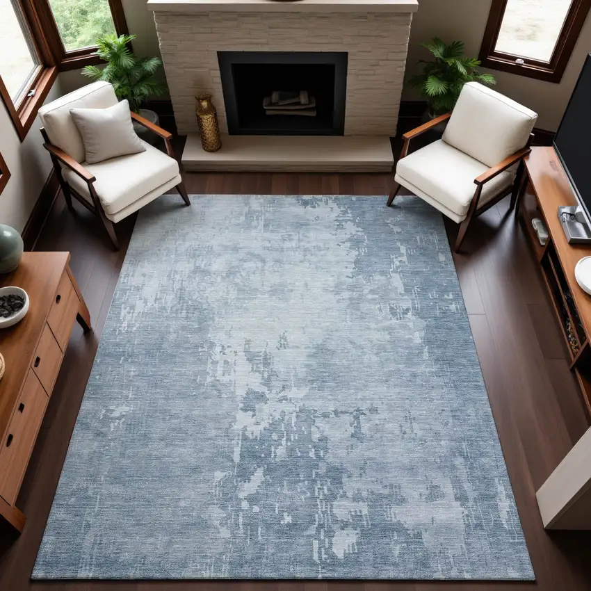 Sky Blue And Ivory Abstract Washable Area Rug With UV Protection Photo 3