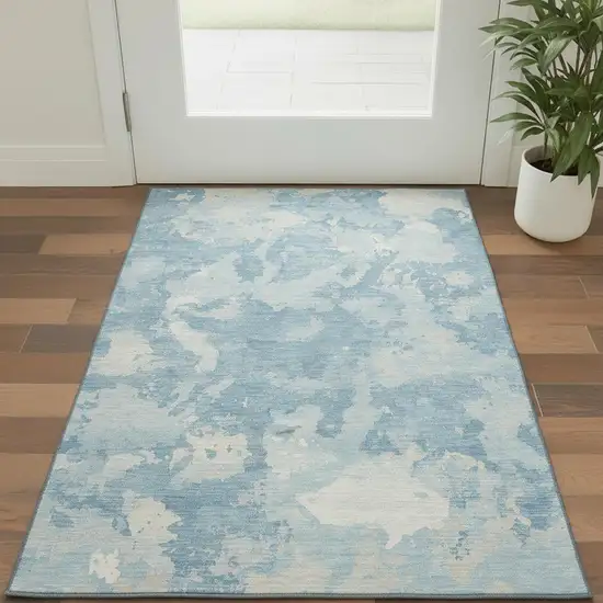 Sky Blue And Ivory Abstract Washable Area Rug With UV Protection Photo 2