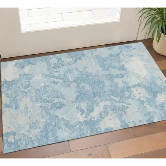 Sky Blue And Ivory Abstract Washable Area Rug With UV Protection Photo 1
