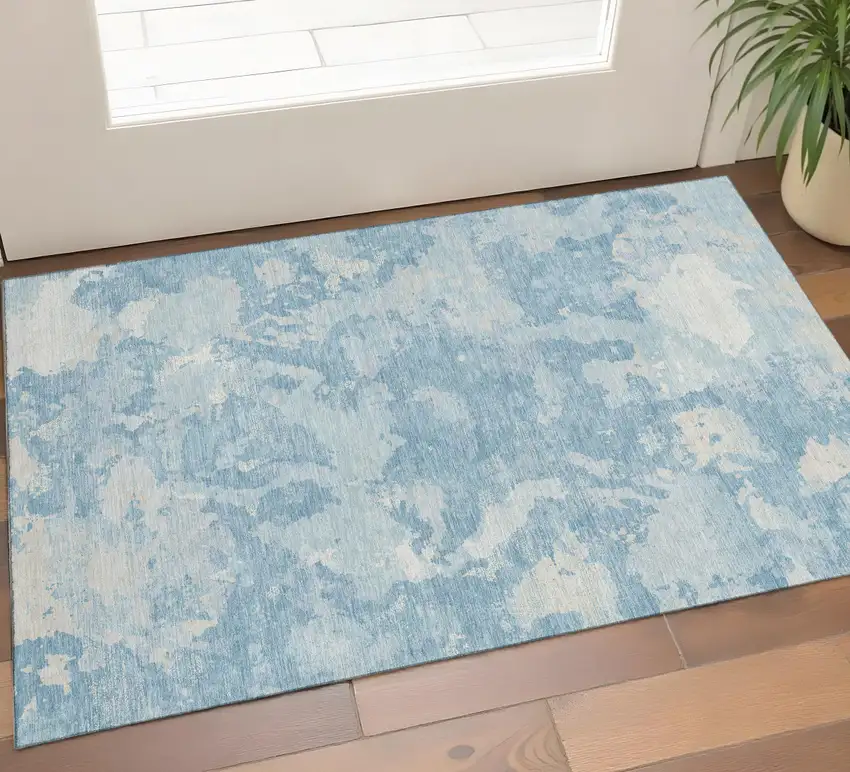 Sky Blue And Ivory Abstract Washable Area Rug With UV Protection Photo 1