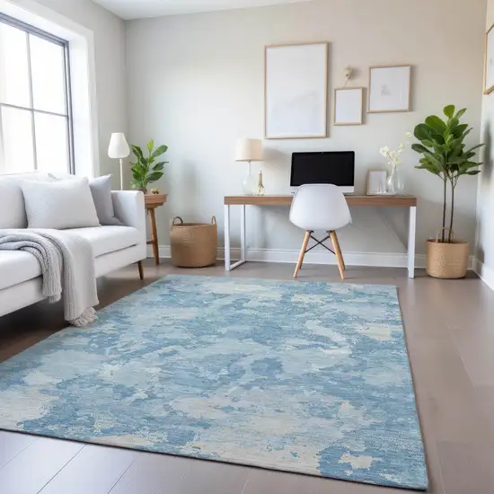 Sky Blue And Ivory Abstract Washable Area Rug With UV Protection Photo 4