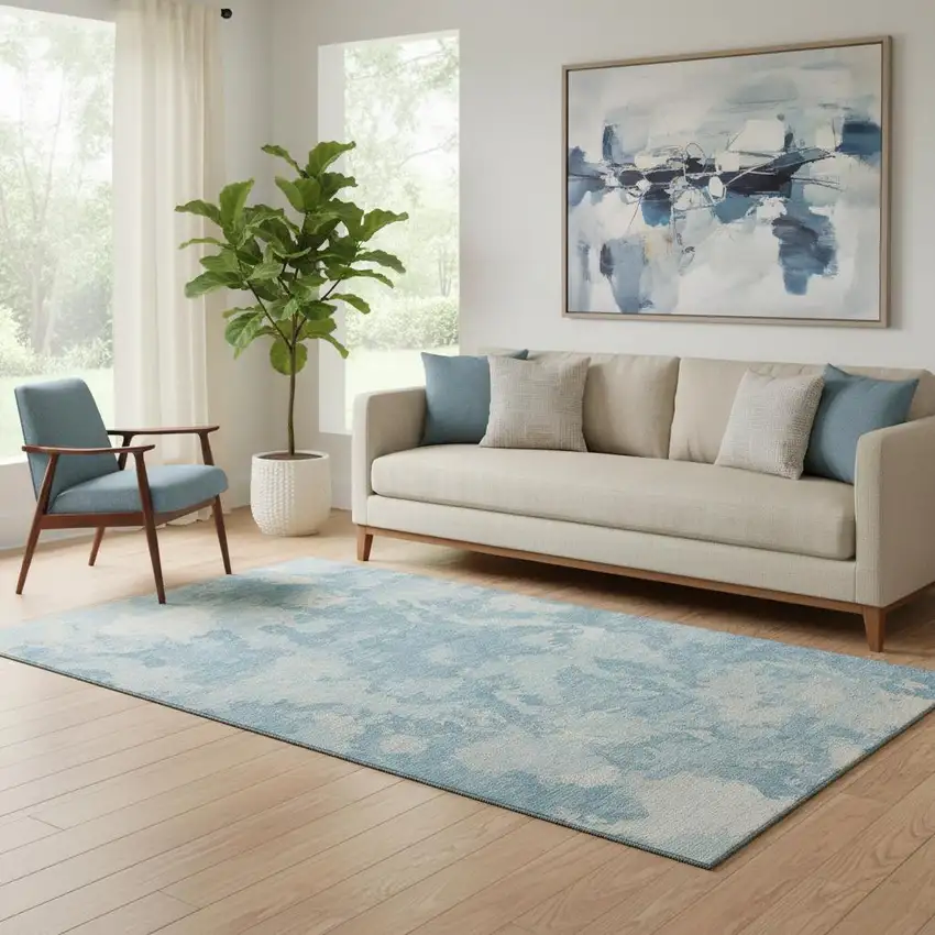 Sky Blue And Ivory Abstract Washable Area Rug With UV Protection Photo 2