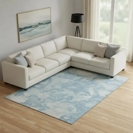 Sky Blue And Ivory Abstract Washable Area Rug With UV Protection Photo 2