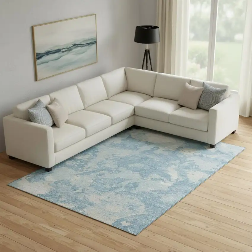 Sky Blue And Ivory Abstract Washable Area Rug With UV Protection Photo 2