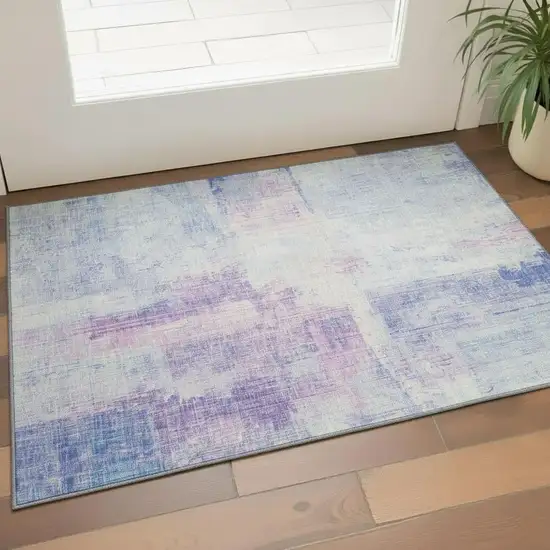 Sky Blue And Ivory Abstract Washable Area Rug With UV Protection Photo 2
