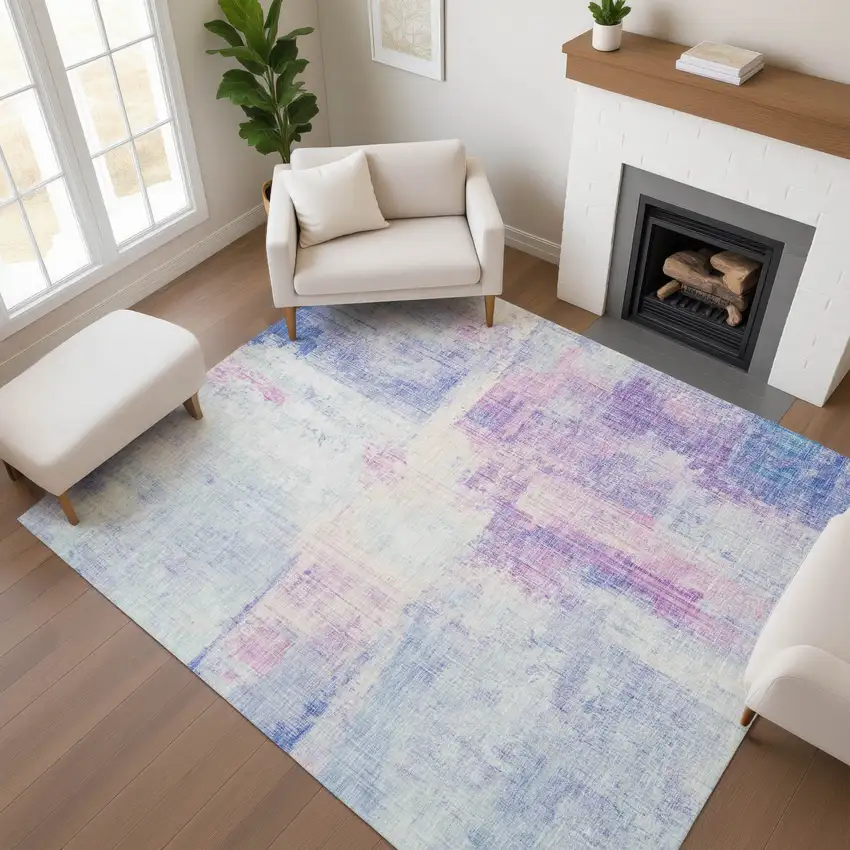 Sky Blue And Ivory Abstract Washable Area Rug With UV Protection Photo 4