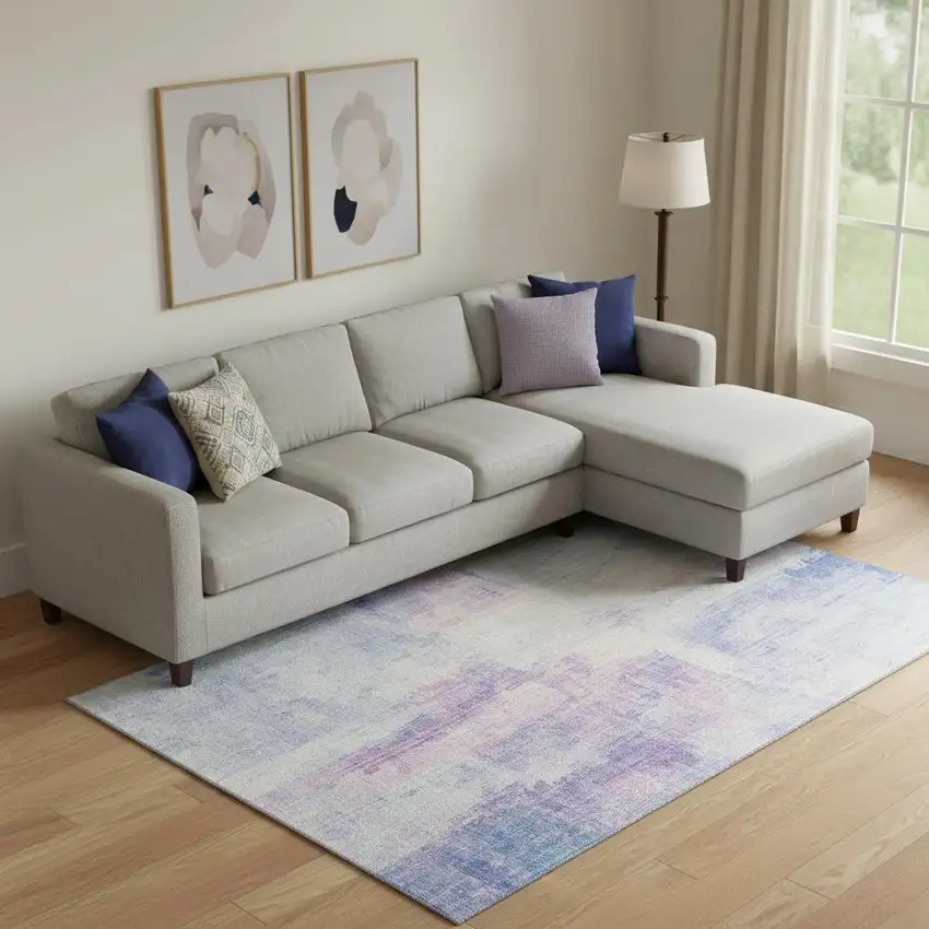 Sky Blue And Ivory Abstract Washable Area Rug With UV Protection Photo 2