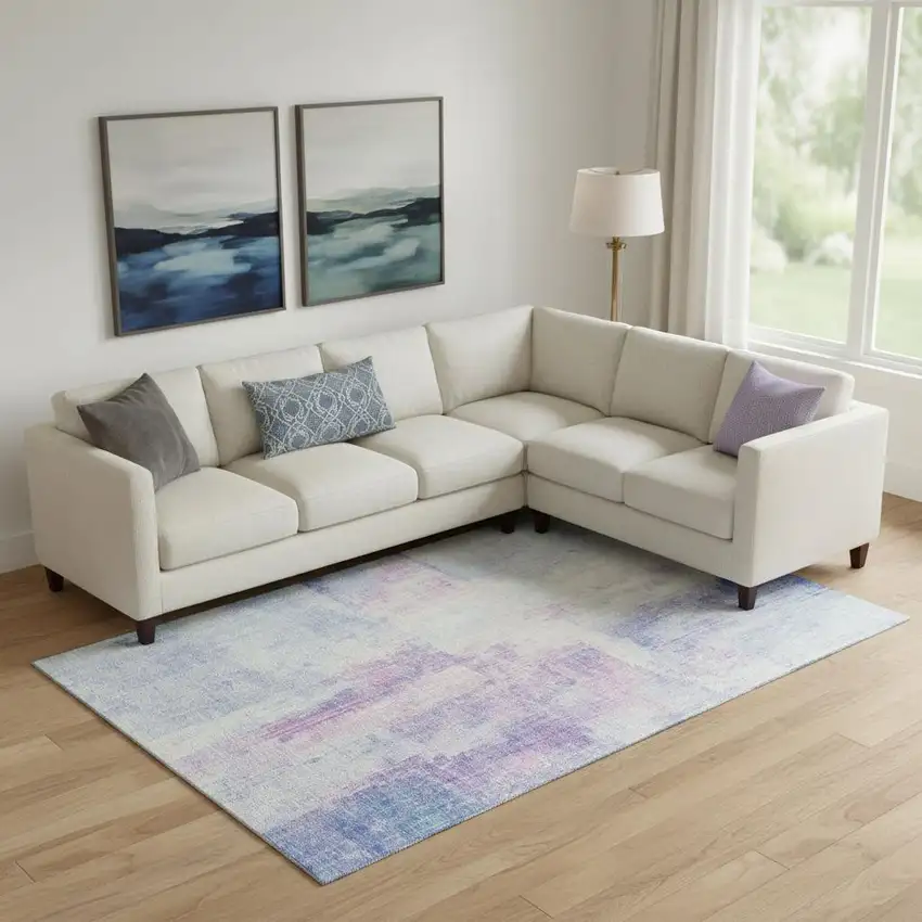 Sky Blue And Ivory Abstract Washable Area Rug With UV Protection Photo 2