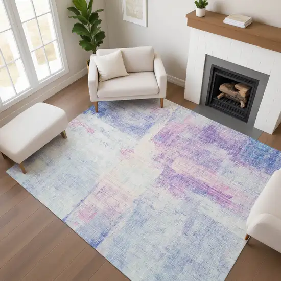 Sky Blue And Ivory Abstract Washable Area Rug With UV Protection Photo 5
