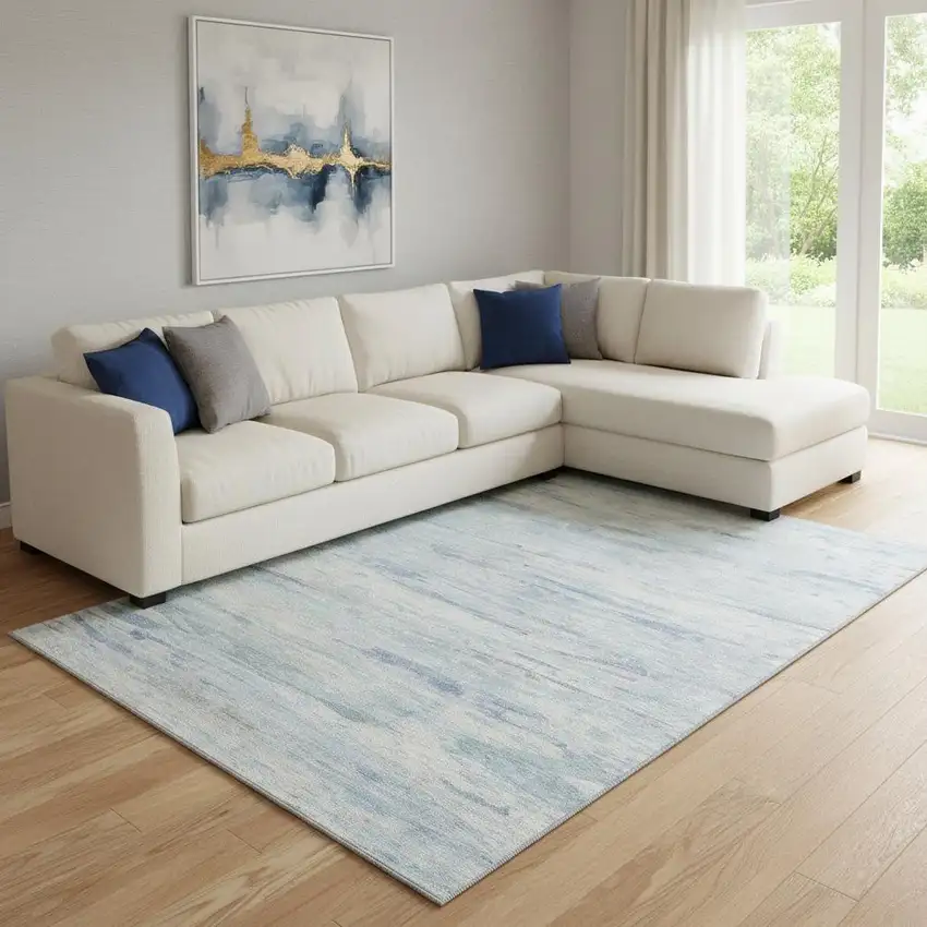 Sky Blue And Ivory Abstract Washable Area Rug With UV Protection Photo 2