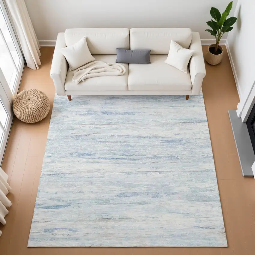 Sky Blue And Ivory Abstract Washable Area Rug With UV Protection Photo 5