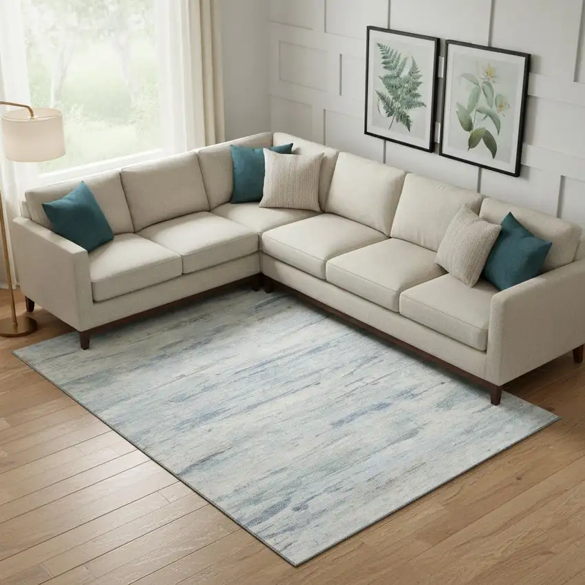 Sky Blue And Ivory Abstract Washable Area Rug With UV Protection Photo 2