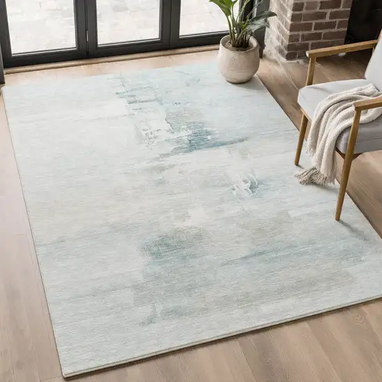 Sky Blue And Ivory Abstract Washable Area Rug With UV Protection Photo 5