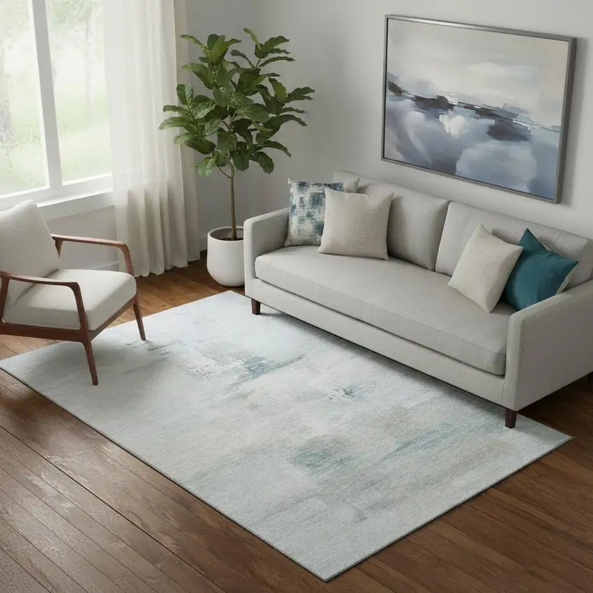 Sky Blue And Ivory Abstract Washable Area Rug With UV Protection Photo 2