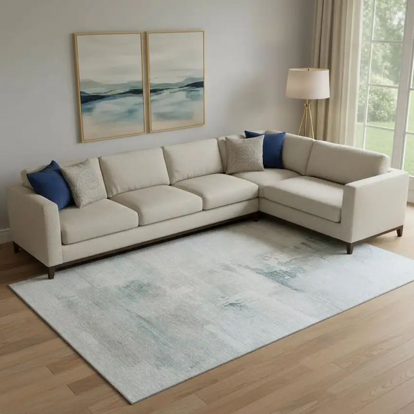 Sky Blue And Ivory Abstract Washable Area Rug With UV Protection Photo 2