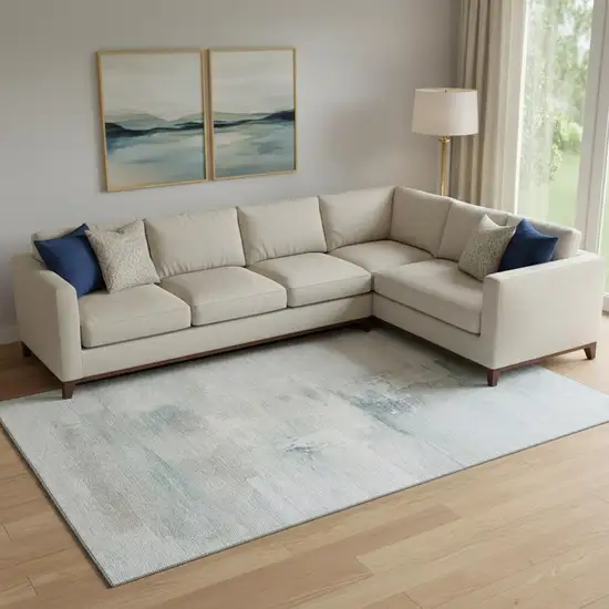 Sky Blue And Ivory Abstract Washable Area Rug With UV Protection Photo 2