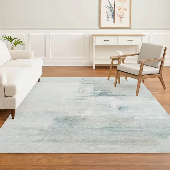 Sky Blue And Ivory Abstract Washable Area Rug With UV Protection Photo 6
