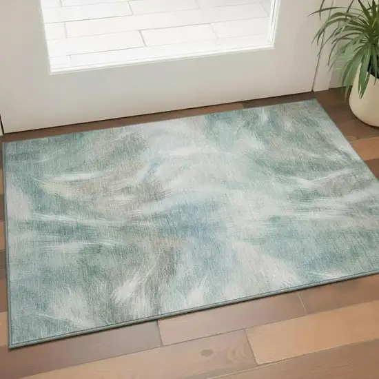 Sky Blue And Ivory Abstract Washable Area Rug With UV Protection Photo 2