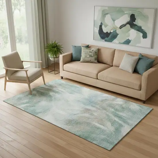 Sky Blue And Ivory Abstract Washable Area Rug With UV Protection Photo 2
