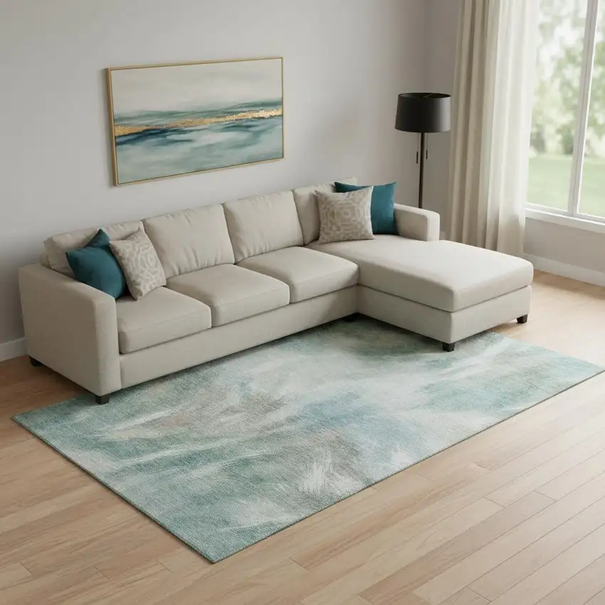 Sky Blue And Ivory Abstract Washable Area Rug With UV Protection Photo 2