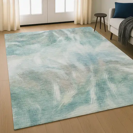 Sky Blue And Ivory Abstract Washable Area Rug With UV Protection Photo 5