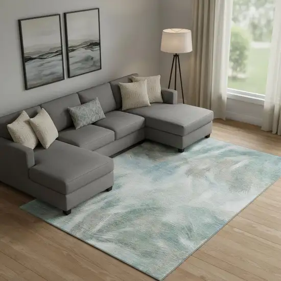 Sky Blue And Ivory Abstract Washable Area Rug With UV Protection Photo 2